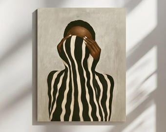 Digitale Wandkunst mit neutralen afrozentrischen schwarzen Frauen: Abstrakter digitaler Druck mit Streifenmuster