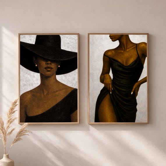 Black Woman Modern Wall Art Set of 2: Neutral Fashion Portrait Prints