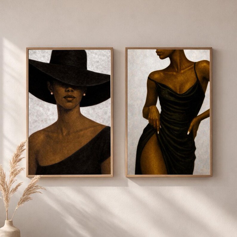 Black woman wall art set of 2 posters with elegant fashion portraits in neutral colours