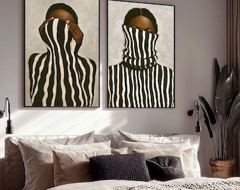 Black Women Neutral Striped Poster set of two: Modern Abstract Gallery Wall Art