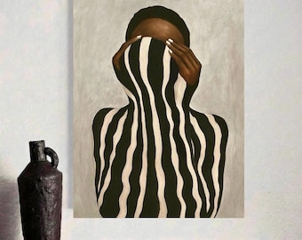 Kunstdruck „Schwarze Frau“ – Poster mit neutralem Streifenmuster und afrozentrischem Porträt