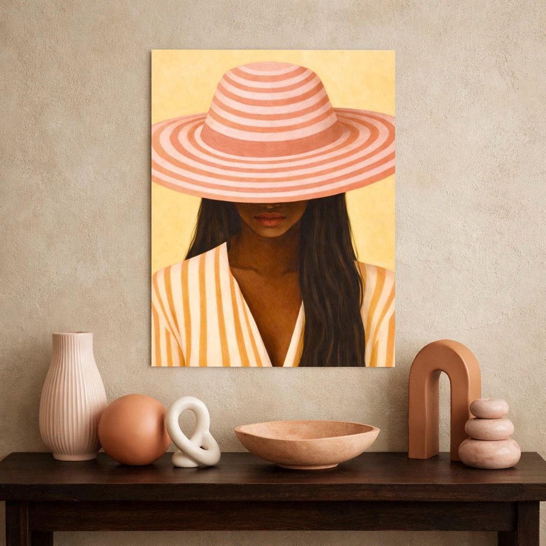 Modern Fashion Portrait Wall Art, Elegant Woman With Striped Hat Poster ...