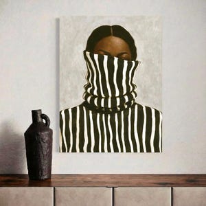 Neutral Wall Art, Afrocentric Abstract Black Women Digital Print - Black & White Striped Minimal Digital Poster