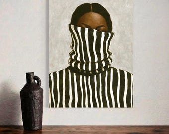 Neutrale Wandkunst, Afrozentrischer abstrakter Digitaldruck mit schwarzen Frauen – Schwarz-weiß gestreiftes minimalistisches Digitalposter