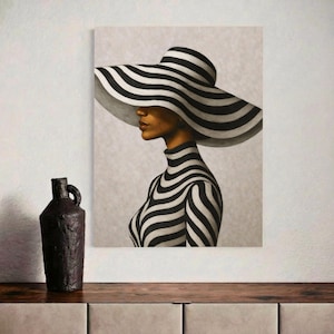 Afrocentric Fashion Portrait with Hat Black and White Striped Art Digital Download: Elegant Black Women Wall Art Print