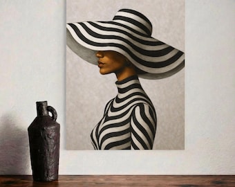 Afrocentric Fashion Portrait with Hat Black and White Striped Art Digital Download: Elegant Black Women Wall Art Print