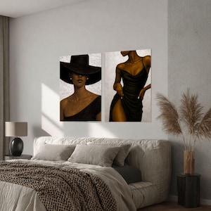 Luxury wall art set featuring modern female portraits with minimalist aesthetic. The women are wearing a  black statement hat and a little black dress.