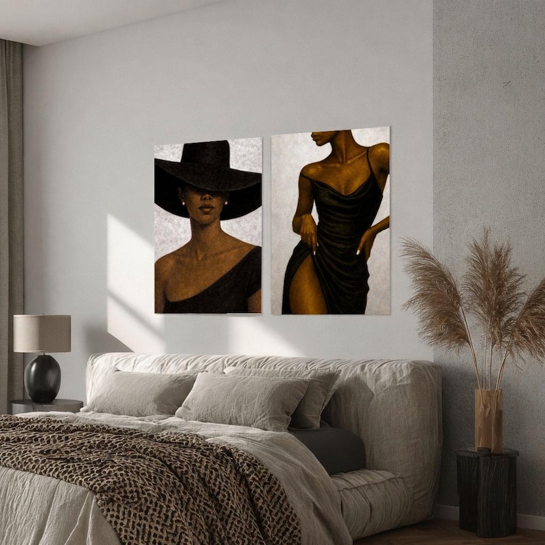 Luxury wall art set featuring modern female portraits with minimalist aesthetic. The women are wearing a  black statement hat and a little black dress.