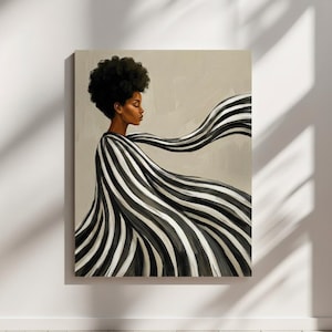 Op de afbeelding: Een artistiek schilderij van een persoon met een donkere huid en een grote afro. De persoon draagt een zwart-wit gestreept kledingstuk dat dramatisch vloeit. De achtergrond is een neutrale beige kleur.