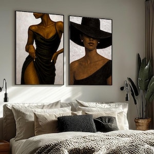 High end wall art illustration featuring african woman portraits in neutral interior style