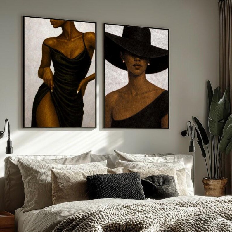 High end wall art illustration featuring african woman portraits in neutral interior style