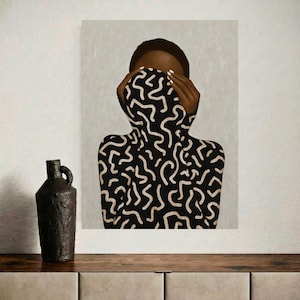 Modern Graphic Black Women Portrait Art: Neutral Abstract African Wall Poster