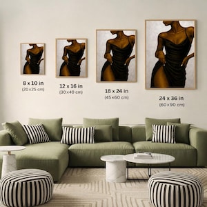 Size comparison chart showing poster sizes 8x10, 12x16, 18x24 and 24x36 inches for Afrocentric wall art.