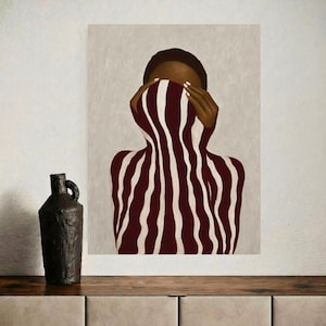 Neutral Wall Art, Afrocentric Abstract Black Woman Digital Print - Burgundy & White Stripes