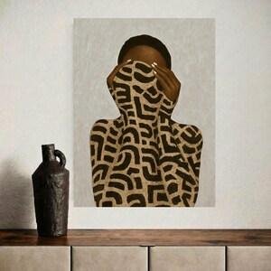 Black Woman Printable Wall Art, Abstract Pattern Portrait Download, Neutral Beige African American Digital Print