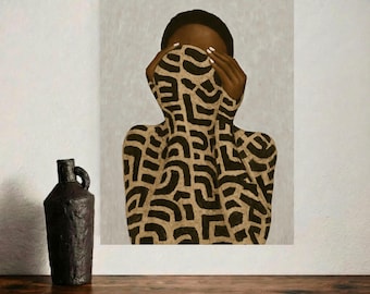 Black Woman Printable Wall Art, Abstract Pattern Portrait Download, Neutral Beige African American Digital Print
