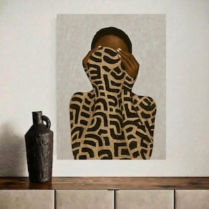 Black Woman Wall Art Print, Abstract Pattern Portrait, Neutral Beige African American Poster, Modern Feminine Decor