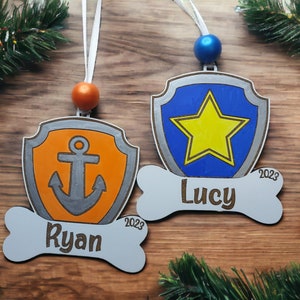 Adorno navideño personalizado con placa de identificación de Rescue Pup Friends, Chase Marshall, Rubble Sky, Zuma Rocky Everest Tracker Liberty, nombre personalizado