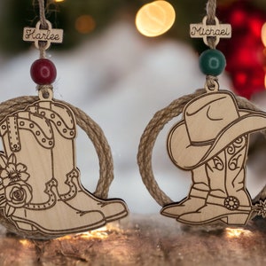 Cowboy Boots Ornament, Cowgirl Boots, Rope Lasso, Rustic Country Western Christmas Ornament, Personalized