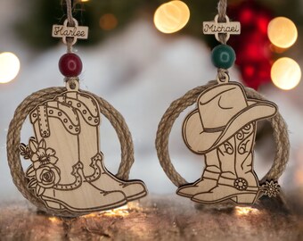 Cowboy Boots Ornament, Western Cowgirl Boots, Rope Lasso, Rustic Country Western Christmas Ornament, Personalized