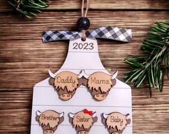 Our Herd Highland Cow Family Christmas Ornament, 2023 Personalized Family Cow Ear Tag, Shiplap Cow Tag, Cute Highland Cow Herd, Scottish Cow