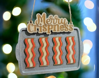 Merry Crispness Christmas Ornament, Crispy Bacon Novelty Ornament, Funny Bacon Frying Pan, Christmas Bacon Pun