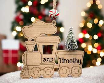 Personalized Train Ornament with 3D Tree, Choo Choo Christmas Ornament, Holiday Locomotive Engine, Steam Train, Railroad Conductor Ornament