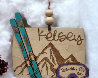 Personalized Ski Ornament, Snowboard Christmas Ornament, Snowshoe Winter Sports, Mountain Skiing, Snow Skiing, Custom Name Place and Colors