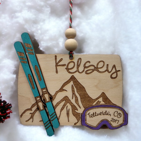 Personalized Ski Ornament, Snowboard Christmas Ornament, Snowshoe Winter Sports, Mountain Skiing, Snow Skiing, Custom Name and Colors