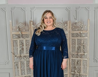 Curvy evening dress with long sleeves dark blue A-line lace, plus size prom dress long mother of the bride dress bridesmaids navy blue