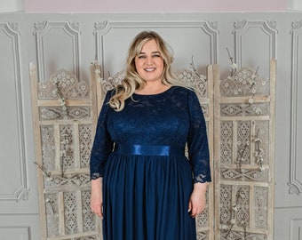 Curvy Abendkleid mit langen Ärmel Dunkel Blau A-Linie Spitze, Plus Size Abiballkleid lang Brautmutterkleid Brautjungfern Navy Blue