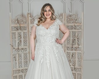 Plus Size Brautkleid A Linie Hochzeitskleid Curvy mit Tatoo Spitze Ivory V-Ausschnitt Ärmel Glitzer