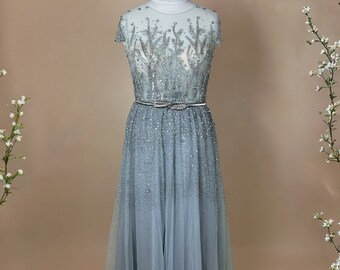 Abendkleid lang elegant Luxury Ballkleid Verlobungskleid glitzer Abiball Kleid Hochwertiges Gatsby Retro Brautkleid blau silber Hochzeit