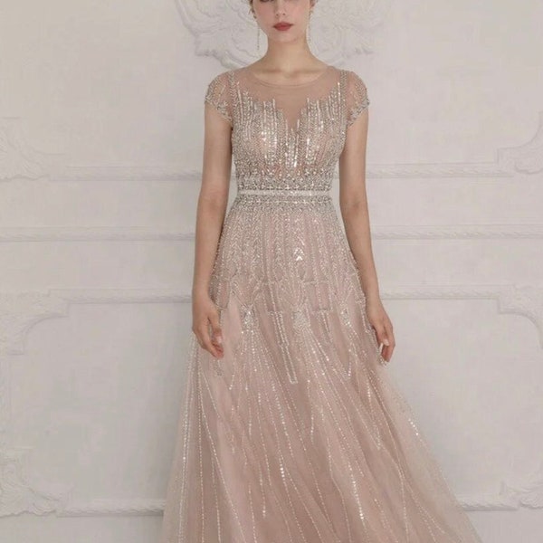 Abendkleid lang elegant Luxury Ballkleid Verlobungskleid glitzer Abiball Kleid Hochwertiges Gatsby Retro Brautkleid rosa silber Hochzeit