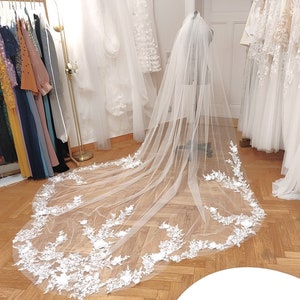 3D Floral Veil Ivory, Embroidery Veil long, Long Floral Bridal Veil Lace, Volume Floral Wedding Veil, Dome off-white 3 meter