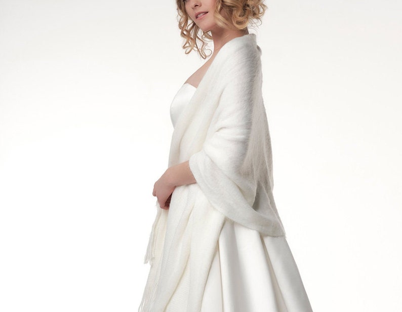 Cashmere wool bridal scarf, Stole wedding, Knitted Shawl, Bridal Cape, very soft , Ivory scarf, cashmere wrap, bridal dress jacket bolero image 3