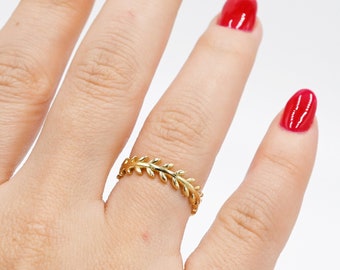 14K Solid Gold Dainty Ring| Leaf Detail Band Ring| Gift for Her| Valentines Day Gift|