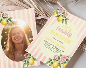 Lemon Birthday Invitation Freshly Pink Lemonade Theme Floral Girl Sweet 16 Party
