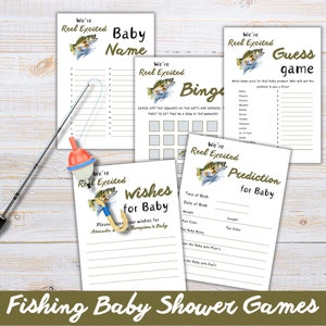 Paquete de juegos para baby shower de "Pequeño Pescador" - ¡Estamos muy emocionados! - Cinco tarjetas de actividades para baby shower con temática de pesca, descarga digital