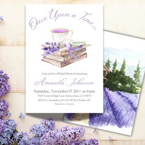 d'invitation de douche nuptiale de livre | Soirée à thème modifiable Il était une fois |  Invitation de douche nuptiale livre de contes lavande, téléchargement numérique