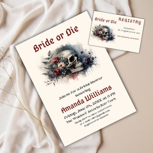 Braut oder die Brautparty einladen, Halloween-Thema Schädel-Einladung Canva-Vorlage, druckbar bis der Tod uns scheidet Party-Registry-Karte