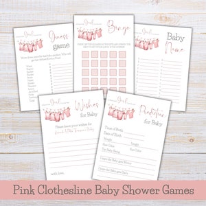Jeux de baby shower avec corde à linge bohème - Une jolie petite fille arrive ! Cartes d'activités roses sur le thème de l'aquarelle