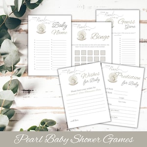 Paquete de juegos para baby shower de Little Pearl, tarjeta editable "Deseos bajo el mar", 5 plantillas de Canva para baby shower de niña con temática de Pearlcore.