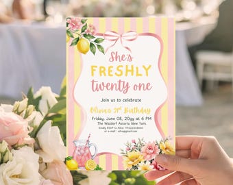 Freshly 21 verjaardagsuitnodiging roze limonade thema 21e verjaardagsfeestje uitnodiging citroen zomer meisje preppy gele strepen bewerkbare sjabloon
