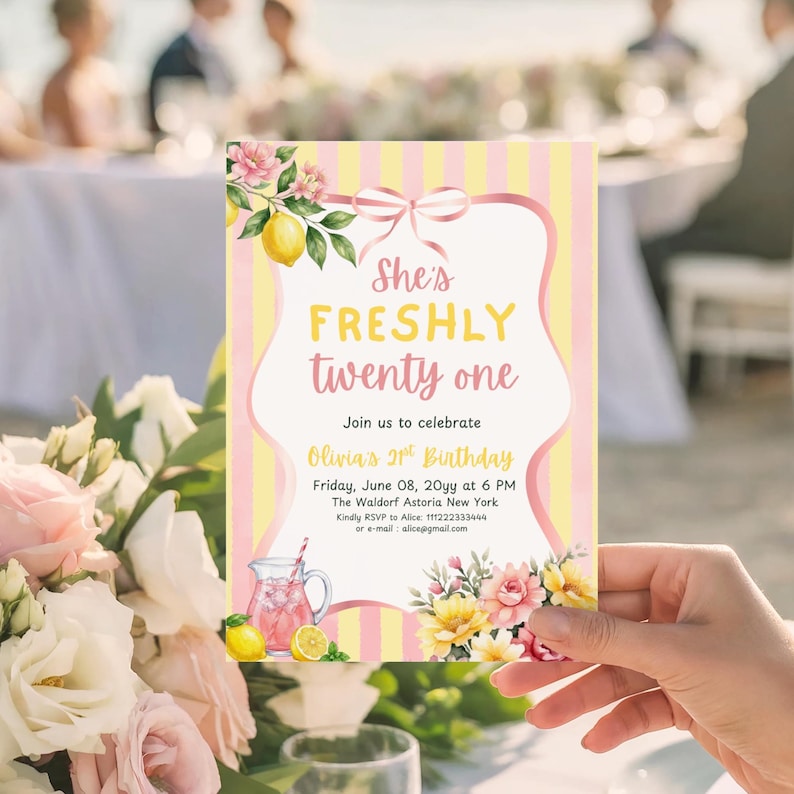 freshly 21 birthday invitation lemon pink lemonade aesthetic party