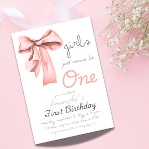 Hand Drawn Girl First Birthday Invitation Digital Pink Bow 1st Birthday Invite Girls Just Wanna be ONE Watercolor Editable Canva Template