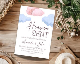 May include: A gender reveal party invitation with a watercolor design of pink and blue clouds. The text reads "Heaven Sent" and includes the names "Amanda & John" and the date "November 17 20## at 4 pm".