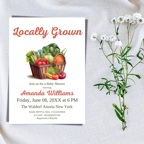 Locally Grown Baby Shower, Farmers Market Basket Garden Baby Invite, Editable Canva Invitation Template, Organic Shower Instant Download