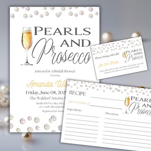 Parels en Prosecco Bruidsdouchebundel Aangepaste sjablonen, Brunch en Bubbly Champagne Uitnodiging, Receptkaarten voor Binder, Verzoekkaart