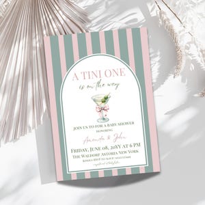 Tini ONE Girl Baby Shower Invitation Digital Template Olive Green Martini Baby Shower Invite Coquette Pink Bow Baby Shower Brunch Invitation